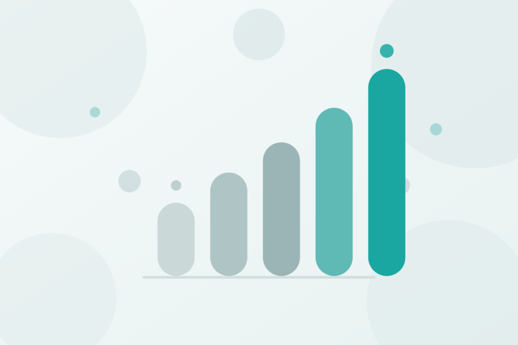Abstract ascending bar graphic in teal and gray tones representing WooCommerce hosting benchmark results