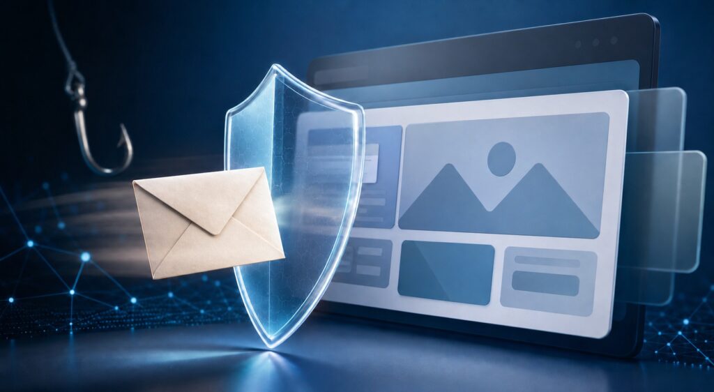 Protective shield blocking a phishing email from a website interface