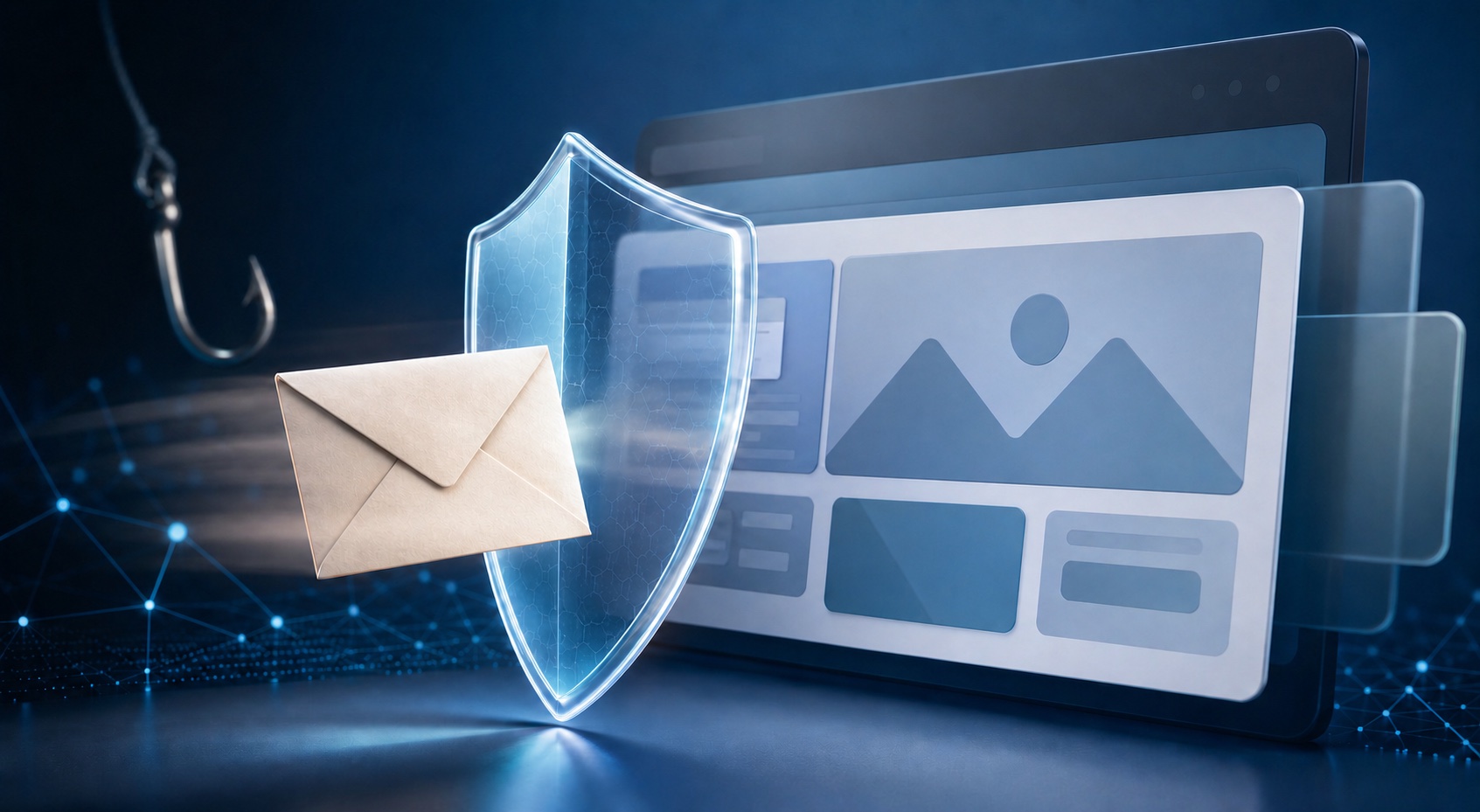 Protective shield blocking a phishing email from a website interface