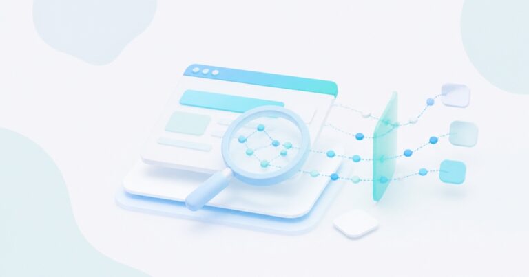 Abstract browser interface with a magnifying glass revealing hidden tracking connections