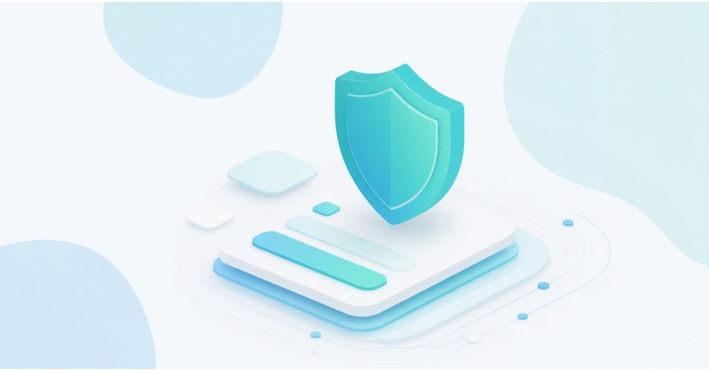 Abstract teal shield protecting a layered ecommerce checkout interface